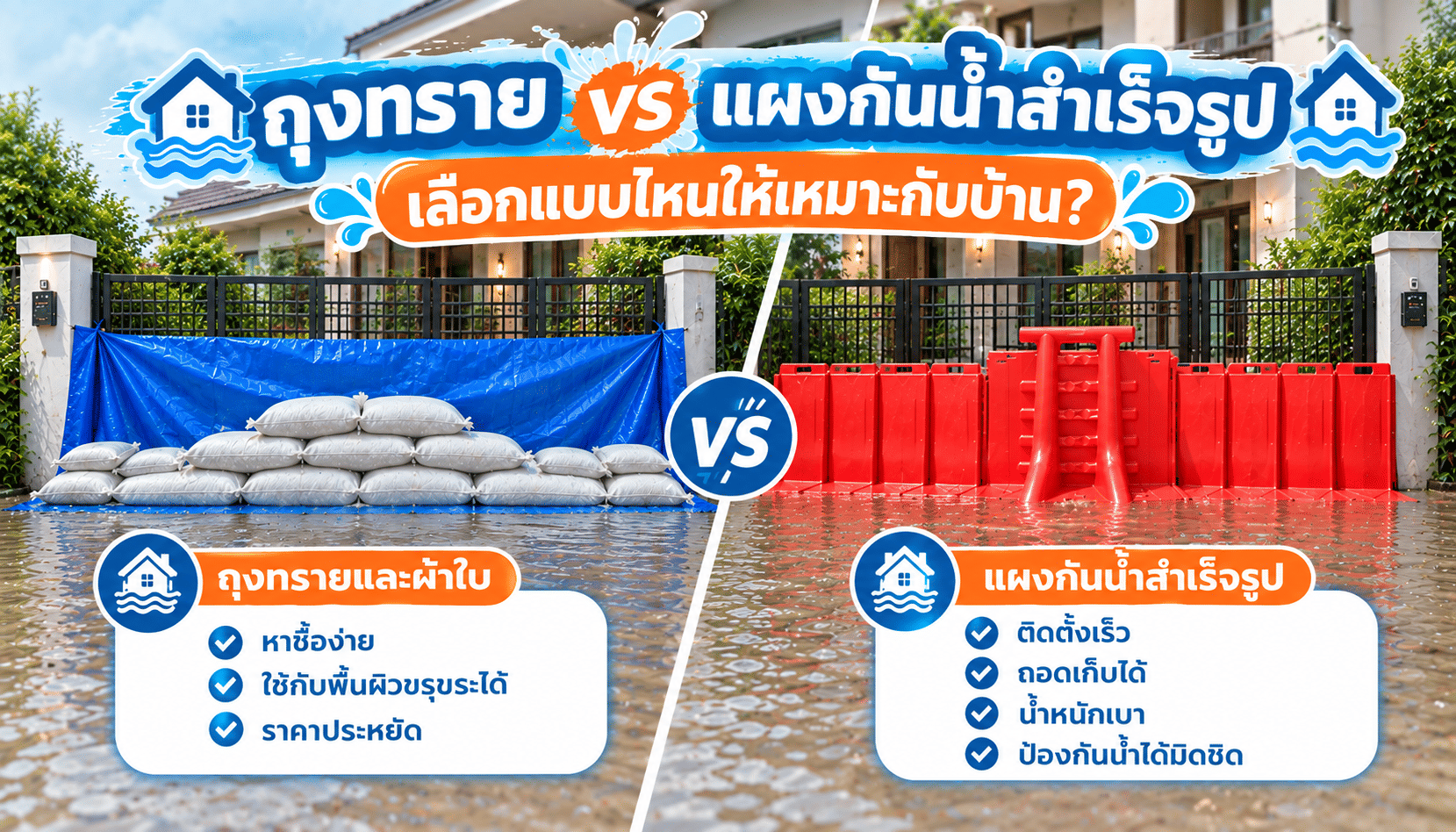 กระสอบทราย แผงกันน้ำ เปรียบเทียบ